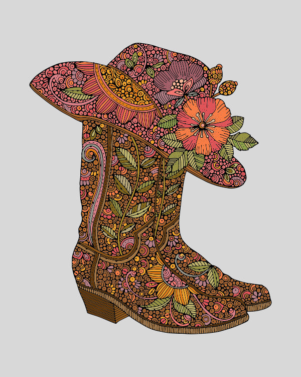 Archival art print featuring boots and hat in vibrant colors, ready to frame.