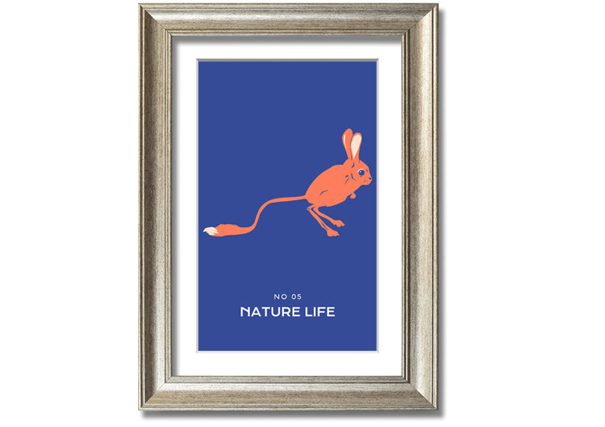 A beautifully framed print of a bouncing jerboa, showcasing vibrant colors and intricate details, ready to hang.