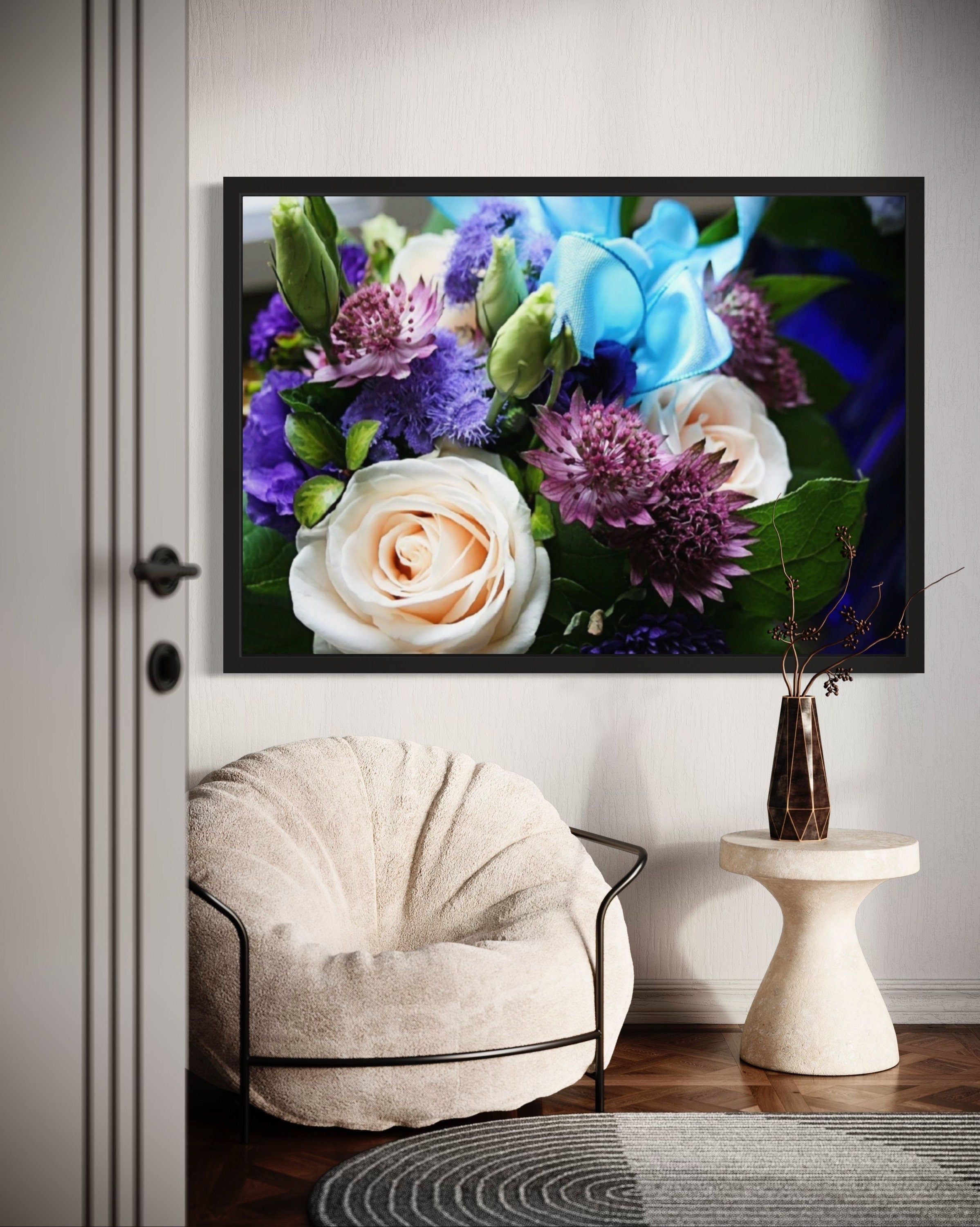 Close-up print of a bouquet featuring white roses and purple flowers tied with a blue ribbon, showcasing intricate details and vibrant colors.