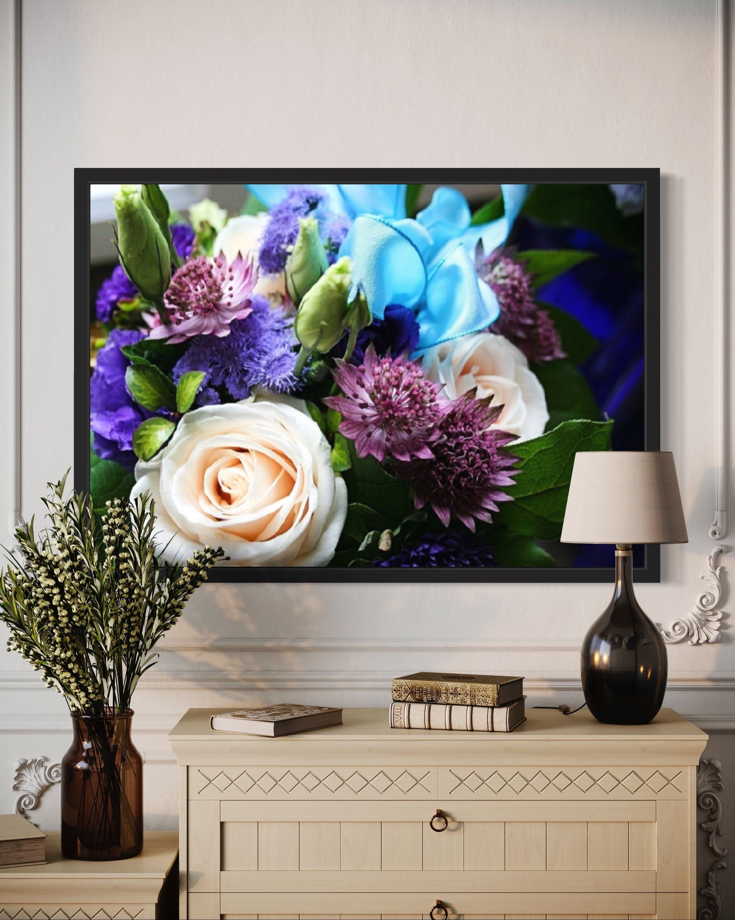 Close-up print of a bouquet featuring white roses and purple flowers tied with a blue ribbon, showcasing intricate details and vibrant colors.