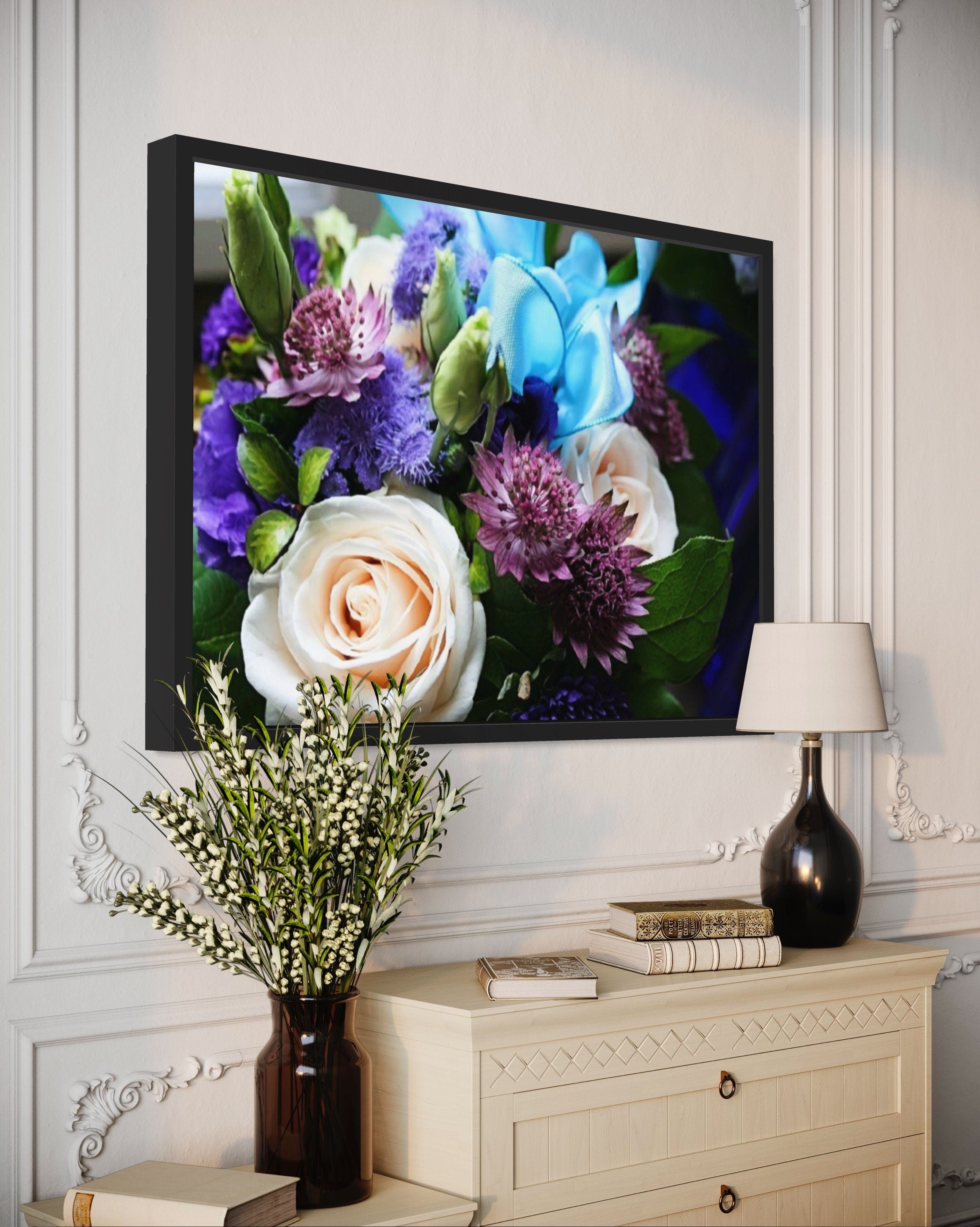 Close-up print of a bouquet featuring white roses and purple flowers tied with a blue ribbon, showcasing intricate details and vibrant colors.