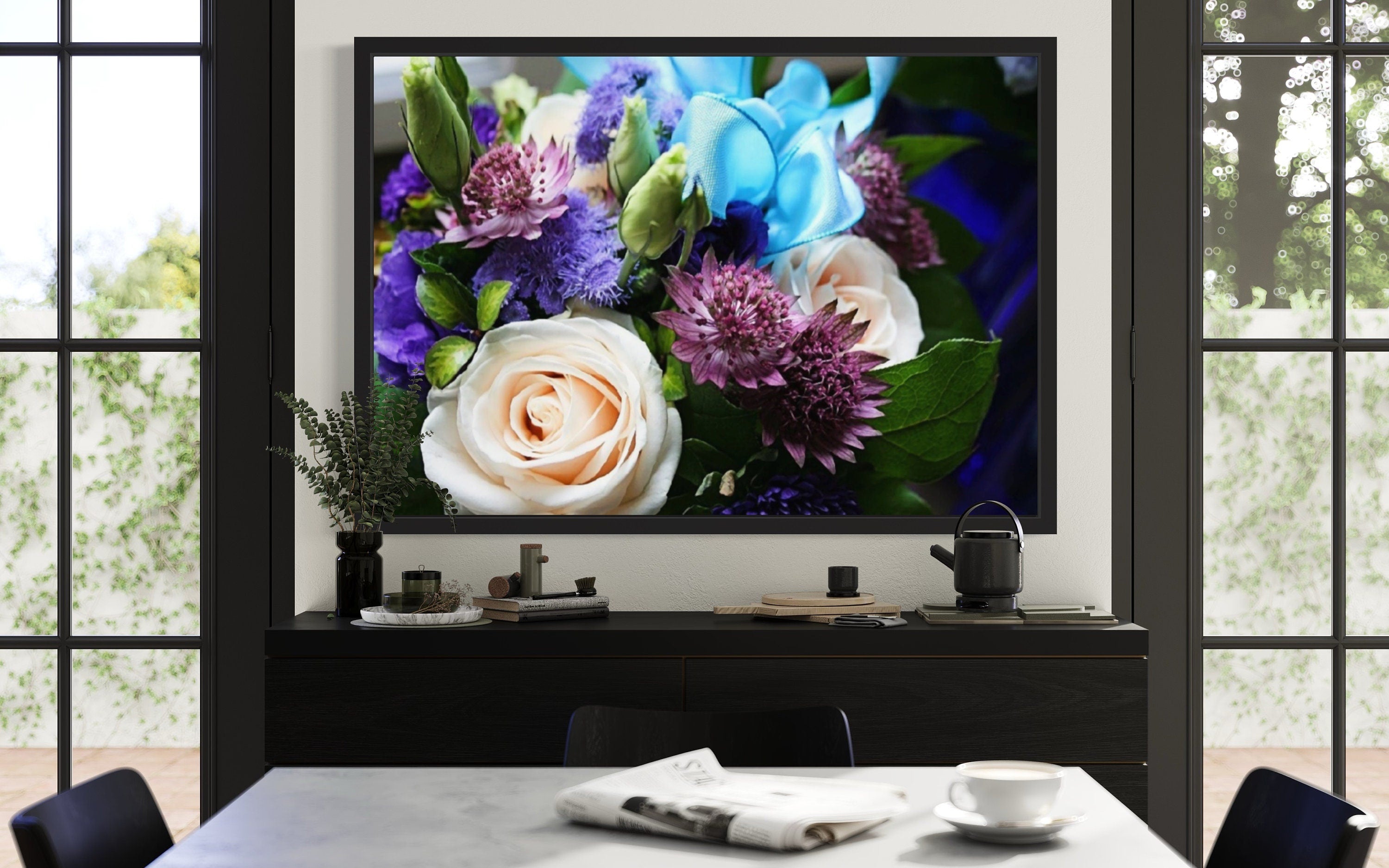 Close-up print of a bouquet featuring white roses and purple flowers tied with a blue ribbon, showcasing intricate details and vibrant colors.