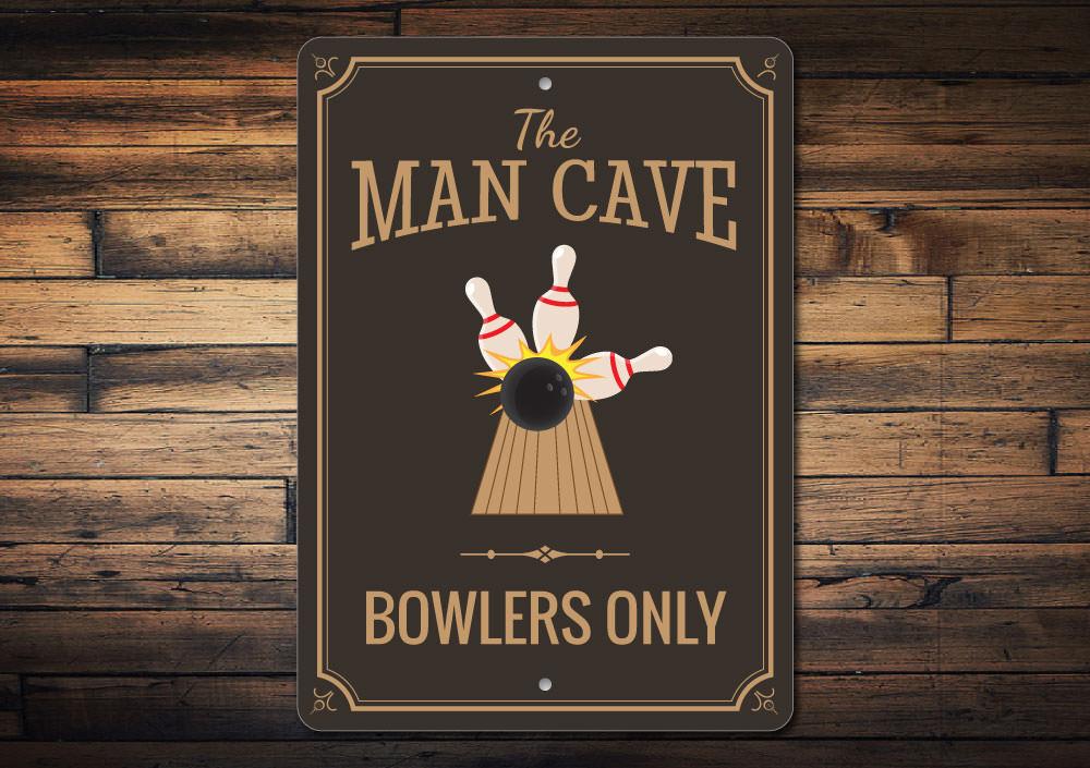 Bowler Man Cave Sign made of high-quality aluminum, featuring customizable text and pre-drilled holes for easy mounting.