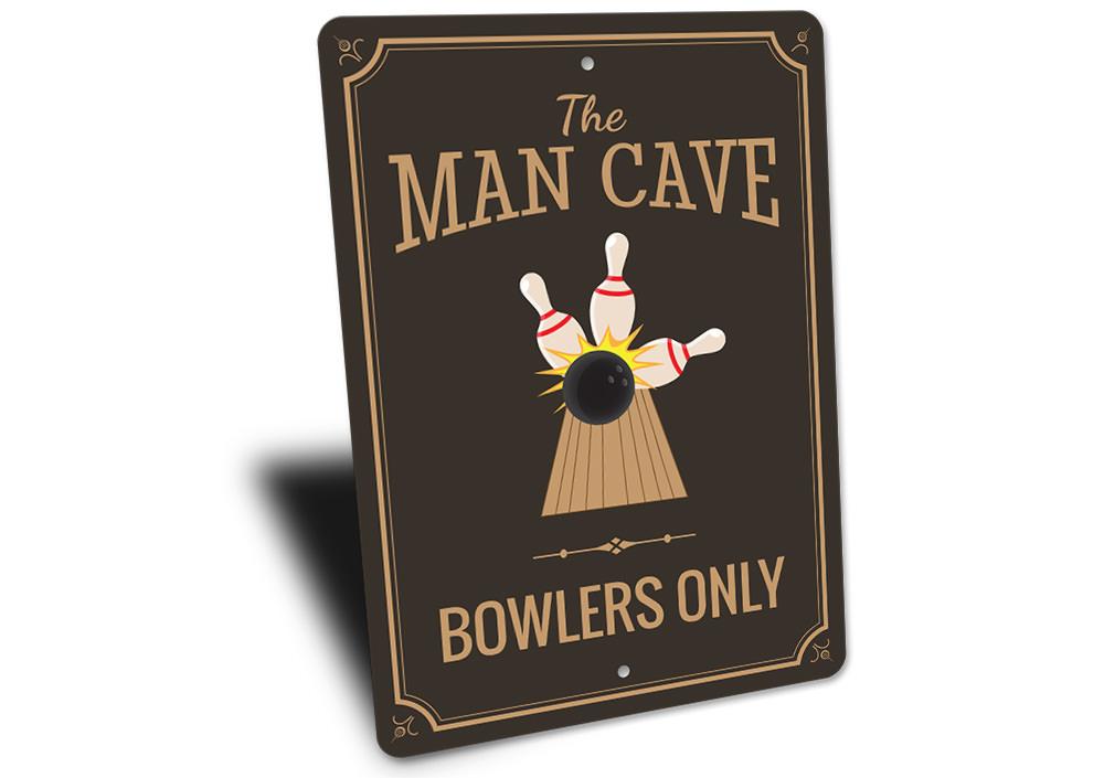 Bowler Man Cave Sign made of high-quality aluminum, featuring customizable text and pre-drilled holes for easy mounting.