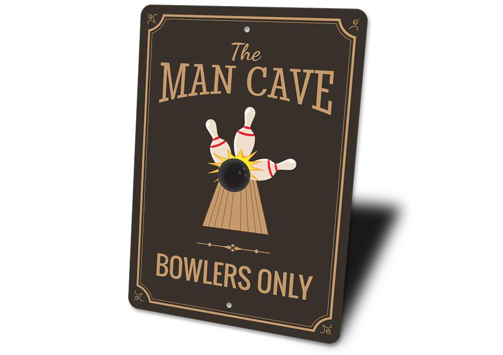 Bowler Man Cave Sign made of high-quality aluminum, featuring customizable text and pre-drilled holes for easy mounting.