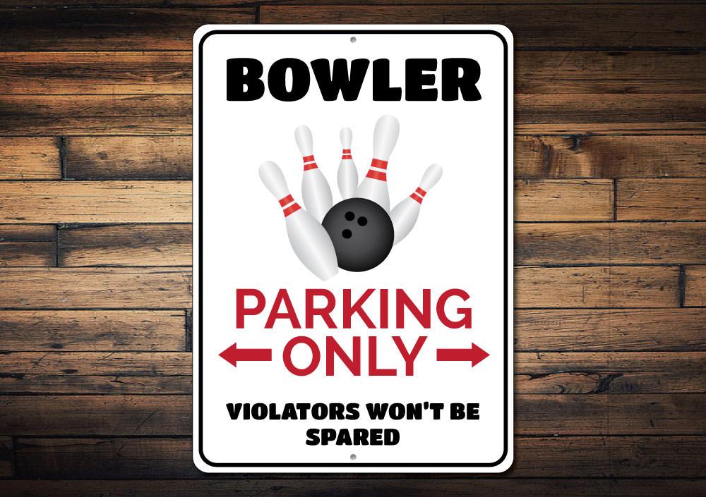 Bowler Parking Sign made of durable aluminum, featuring customizable text and pre-drilled holes for easy mounting.