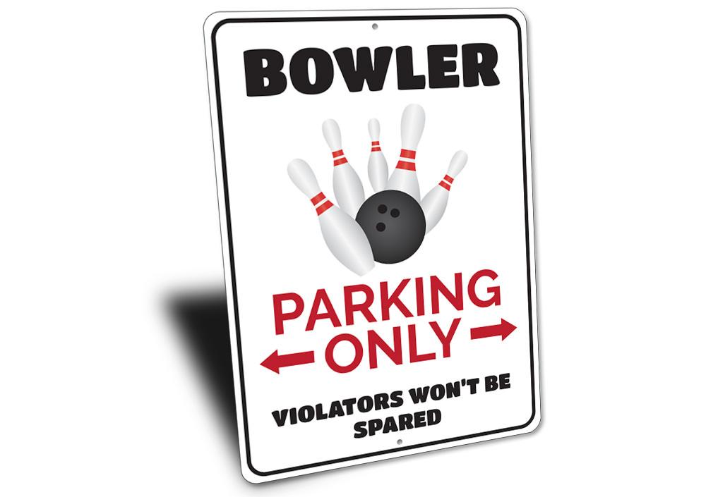 Bowler Parking Sign made of durable aluminum, featuring customizable text and pre-drilled holes for easy mounting.