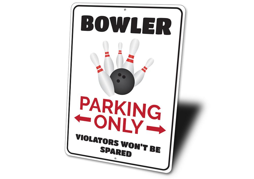 Bowler Parking Sign made of durable aluminum, featuring customizable text and pre-drilled holes for easy mounting.