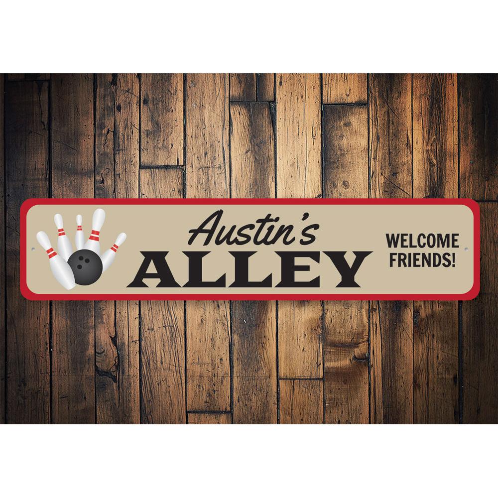 A personalized Bowling Alley Name Sign made of high-quality aluminum, featuring customizable text and vibrant colors, perfect for kids' rooms.