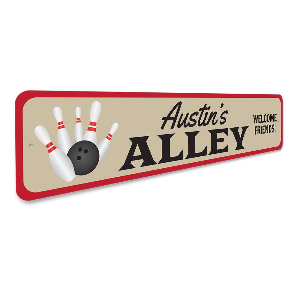 A personalized Bowling Alley Name Sign made of high-quality aluminum, featuring customizable text and vibrant colors, perfect for kids' rooms.