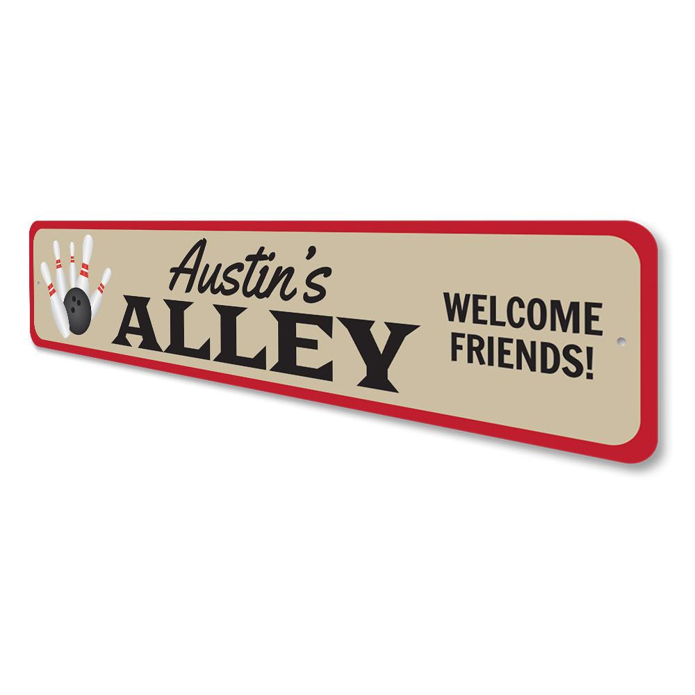 A personalized Bowling Alley Name Sign made of high-quality aluminum, featuring customizable text and vibrant colors, perfect for kids' rooms.