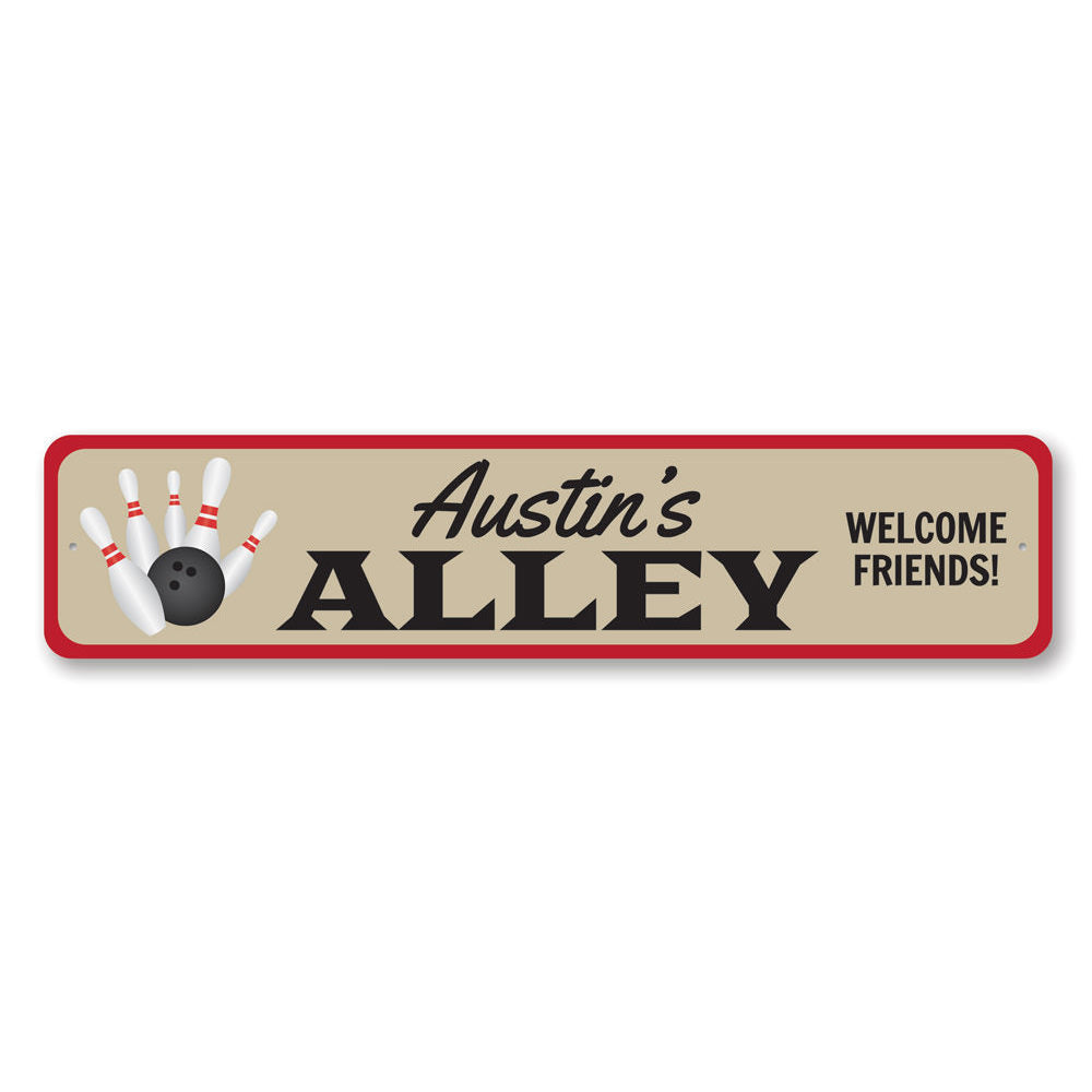 A personalized Bowling Alley Name Sign made of high-quality aluminum, featuring customizable text and vibrant colors, perfect for kids' rooms.