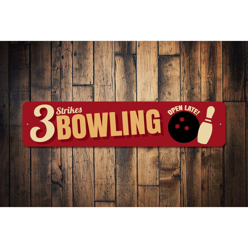 Customizable Bowling Sign made of high-quality aluminum, perfect for game rooms and man caves, featuring pre-drilled holes for easy mounting.