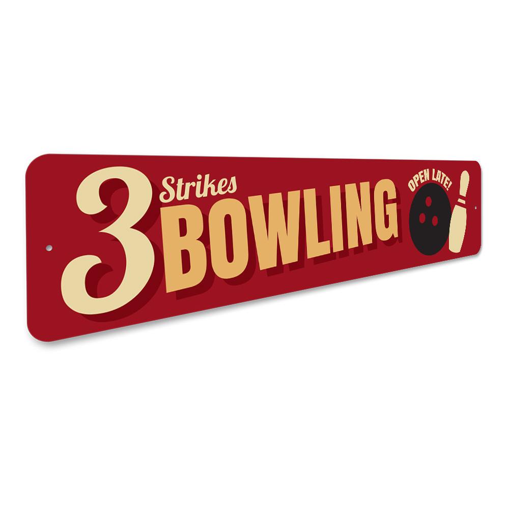 Customizable Bowling Sign made of high-quality aluminum, perfect for game rooms and man caves, featuring pre-drilled holes for easy mounting.