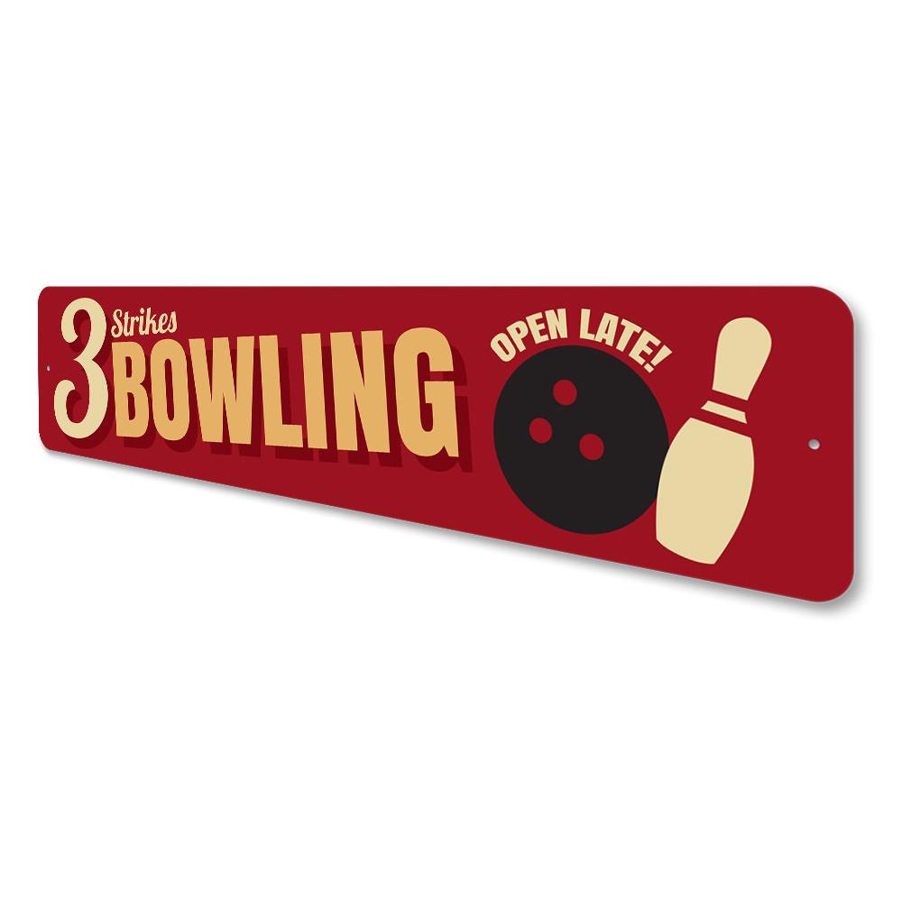 Customizable Bowling Sign made of high-quality aluminum, perfect for game rooms and man caves, featuring pre-drilled holes for easy mounting.