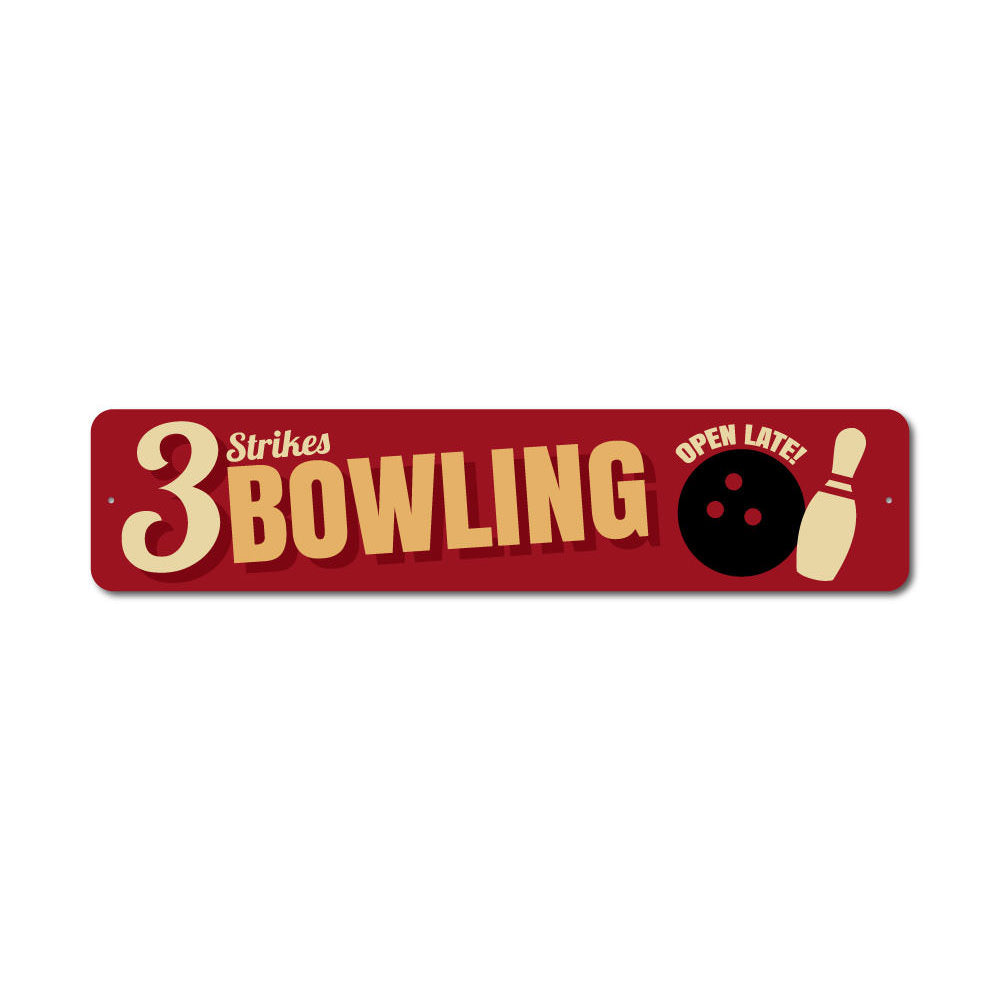 Customizable Bowling Sign made of high-quality aluminum, perfect for game rooms and man caves, featuring pre-drilled holes for easy mounting.