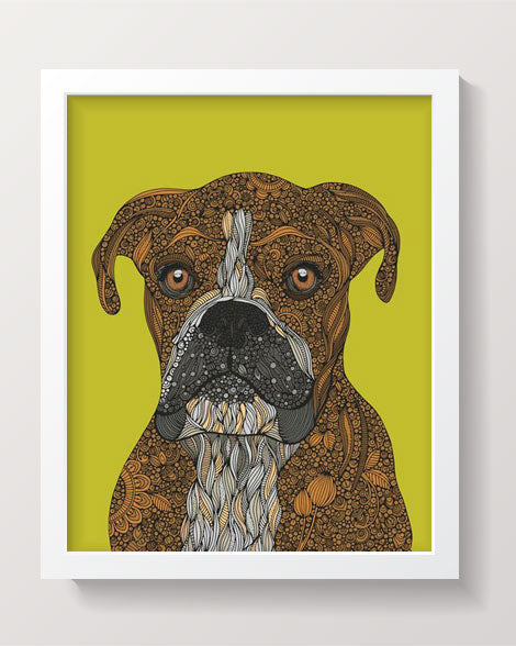 A vibrant Boxer Art Print featuring original pen and ink artwork with digital coloring, sized 8x10 inches, ready for framing.