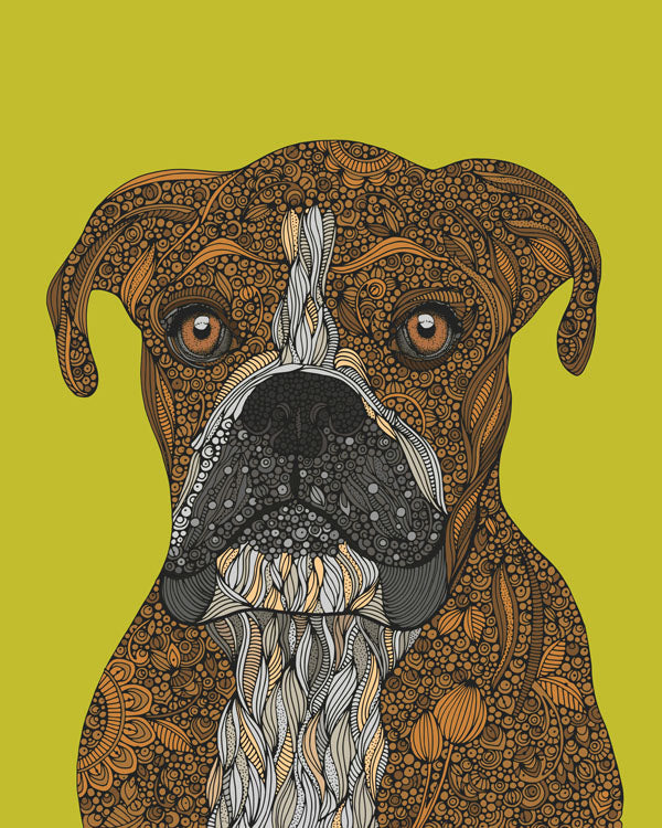 A vibrant Boxer Art Print featuring original pen and ink artwork with digital coloring, sized 8x10 inches, ready for framing.