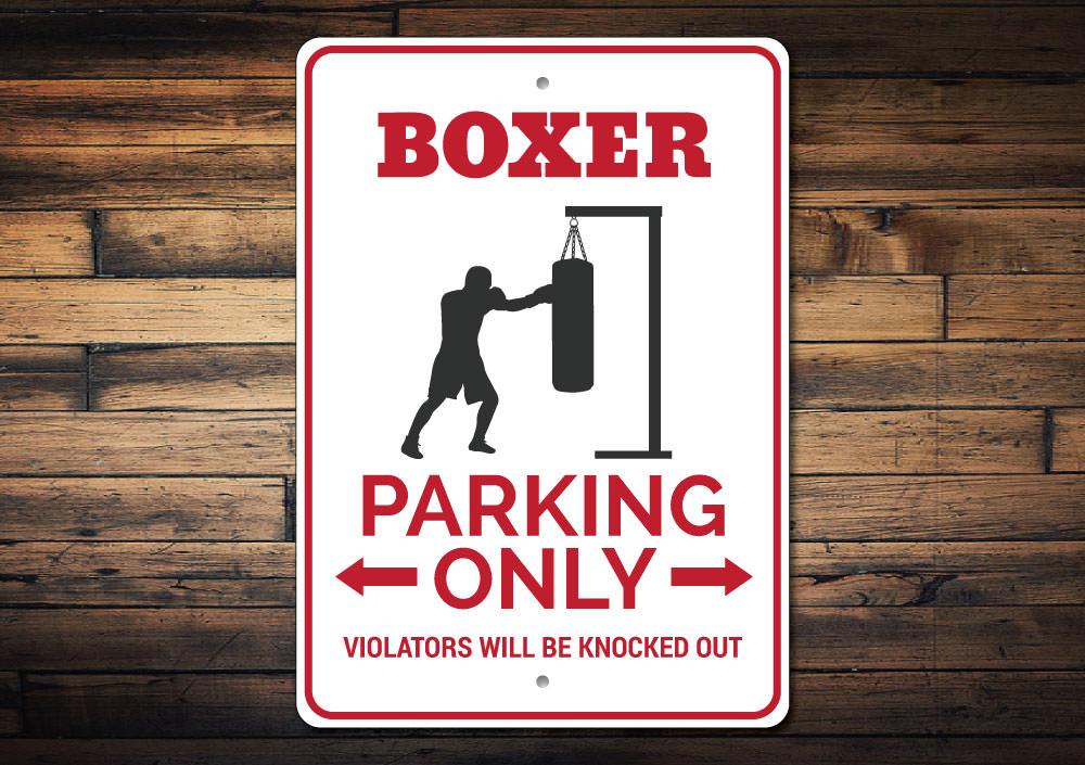 A vibrant Boxer Parking Sign made of durable aluminum, featuring customizable text and pre-drilled holes for easy mounting.