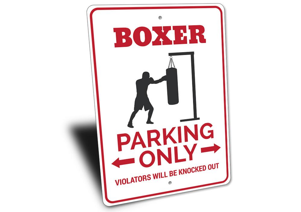 A vibrant Boxer Parking Sign made of durable aluminum, featuring customizable text and pre-drilled holes for easy mounting.