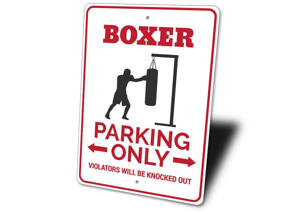 A vibrant Boxer Parking Sign made of durable aluminum, featuring customizable text and pre-drilled holes for easy mounting.