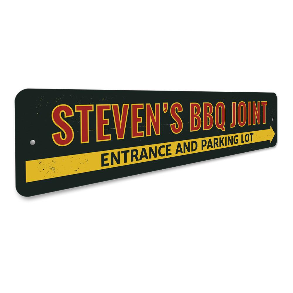 A decorative BBQ Joint Directional Sign made of high-quality aluminum, featuring customizable text and pre-drilled holes for easy mounting.