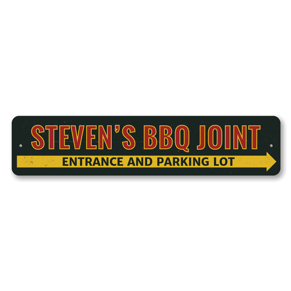 A decorative BBQ Joint Directional Sign made of high-quality aluminum, featuring customizable text and pre-drilled holes for easy mounting.