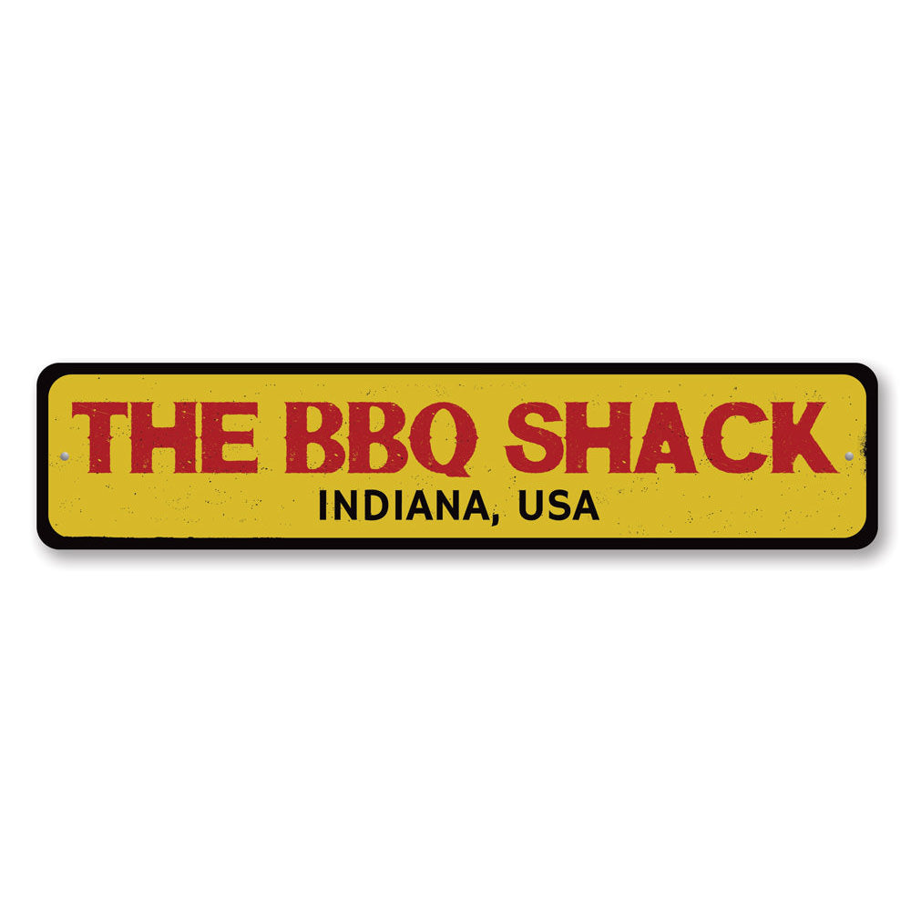 A customizable BBQ Shack Location Sign made of high-quality aluminum, featuring pre-drilled holes for easy mounting, perfect for restaurants and cafes.