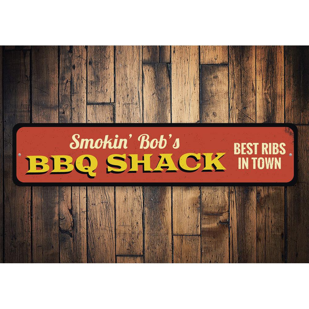 Customizable BBQ Shack Sign made of high-quality aluminum, perfect for restaurants and pubs, featuring pre-drilled holes for easy mounting.