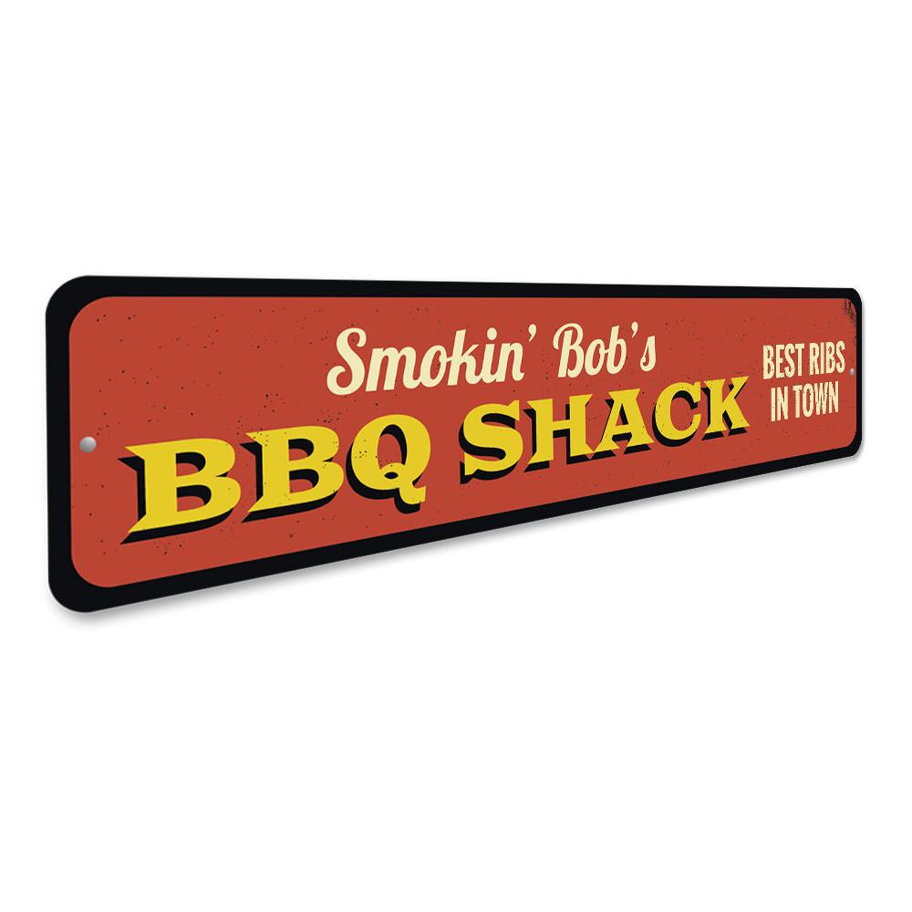 Customizable BBQ Shack Sign made of high-quality aluminum, perfect for restaurants and pubs, featuring pre-drilled holes for easy mounting.