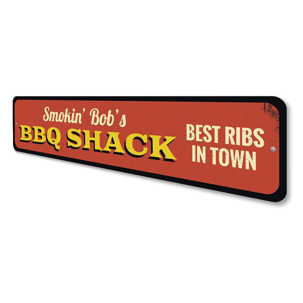 Customizable BBQ Shack Sign made of high-quality aluminum, perfect for restaurants and pubs, featuring pre-drilled holes for easy mounting.