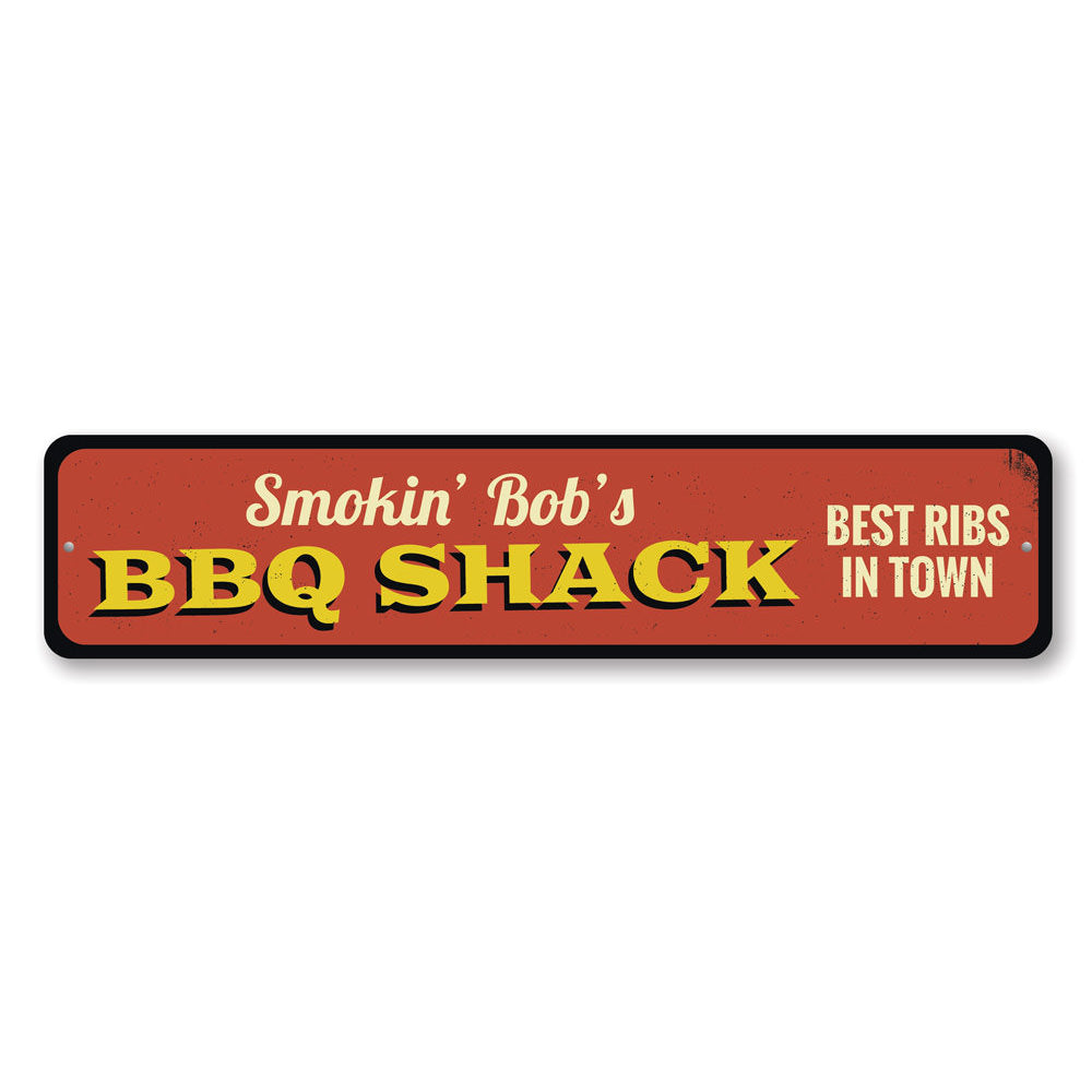 Customizable BBQ Shack Sign made of high-quality aluminum, perfect for restaurants and pubs, featuring pre-drilled holes for easy mounting.