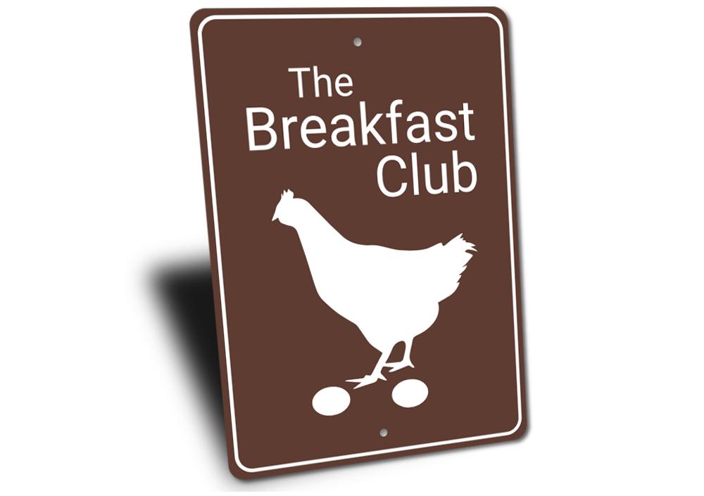 Breakfast Club Chicken Coop Sign made of high-quality aluminum, featuring customizable text and pre-drilled holes for easy mounting.