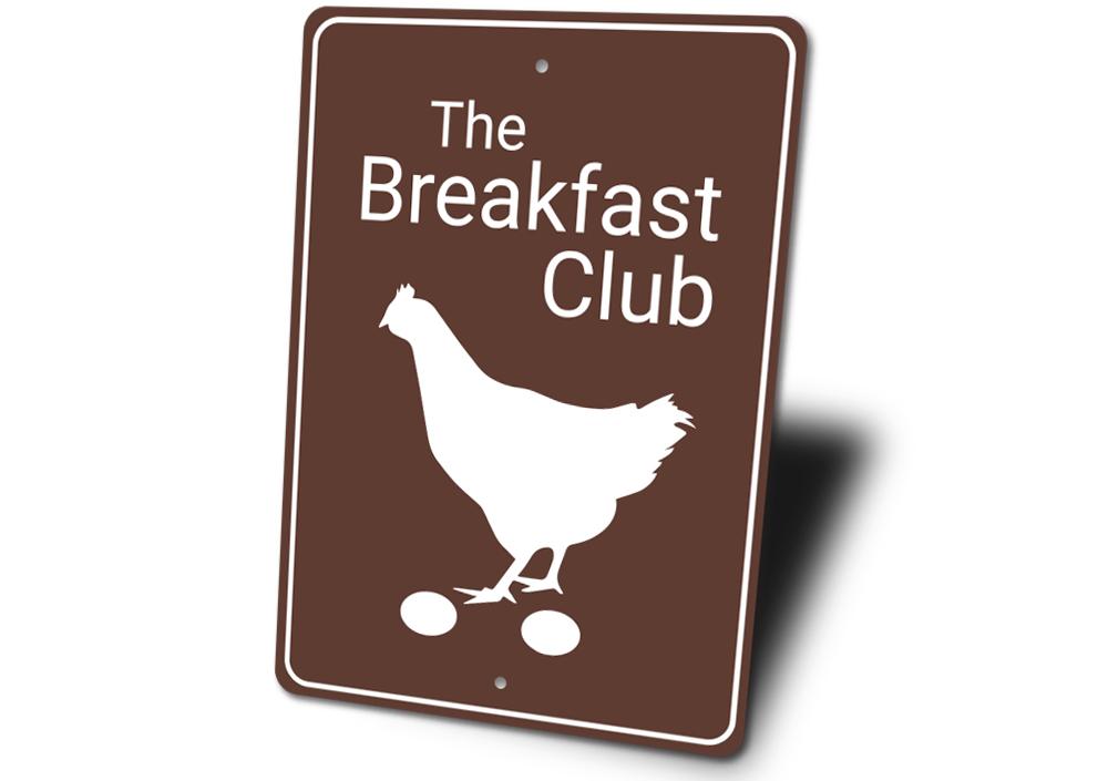 Breakfast Club Chicken Coop Sign made of high-quality aluminum, featuring customizable text and pre-drilled holes for easy mounting.