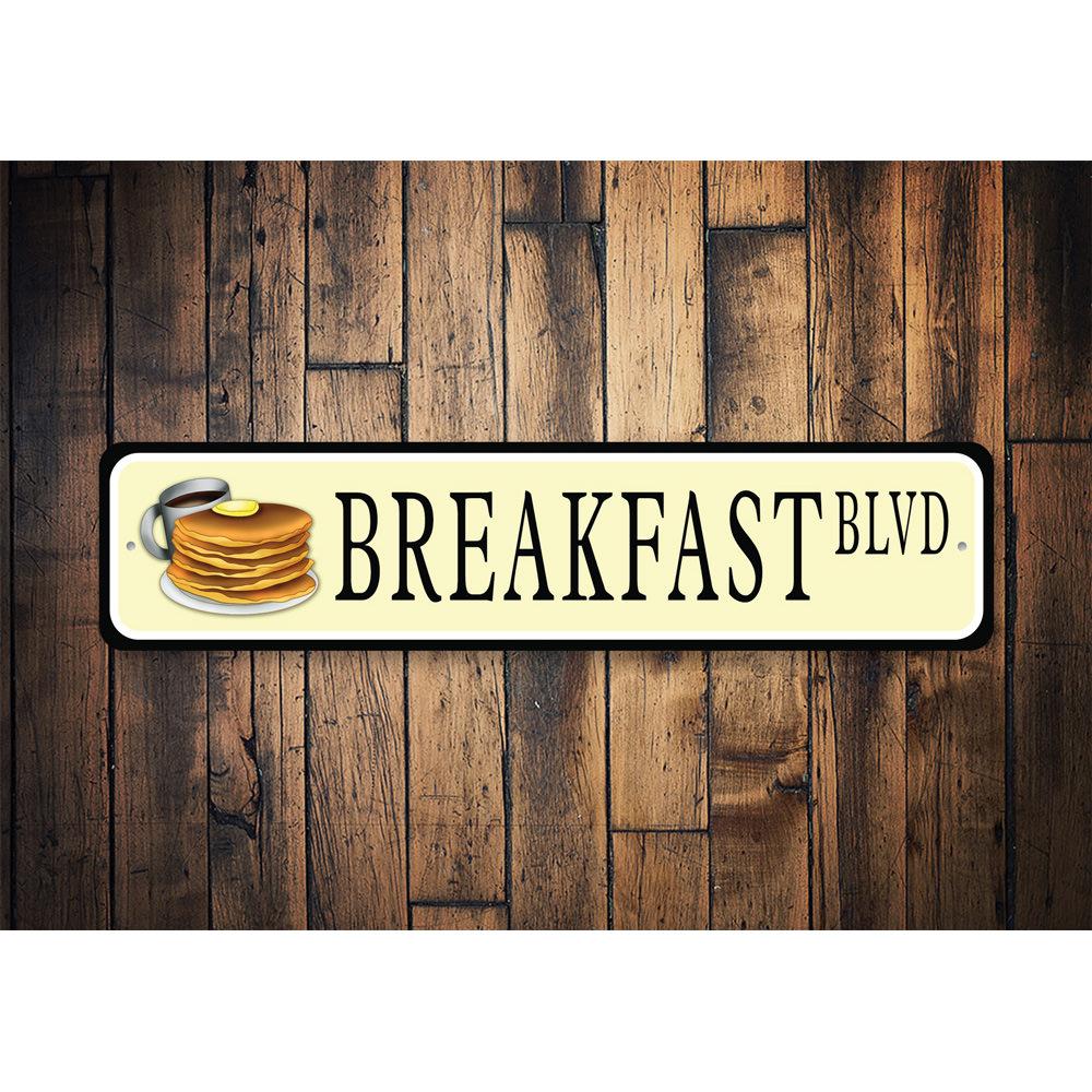 Breakfast Street Sign made of high-quality aluminum, featuring vibrant colors and a customizable design, perfect for home decor.