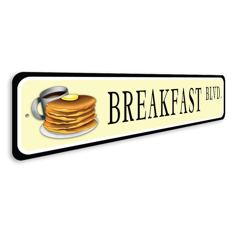 Breakfast Street Sign made of high-quality aluminum, featuring vibrant colors and a customizable design, perfect for home decor.