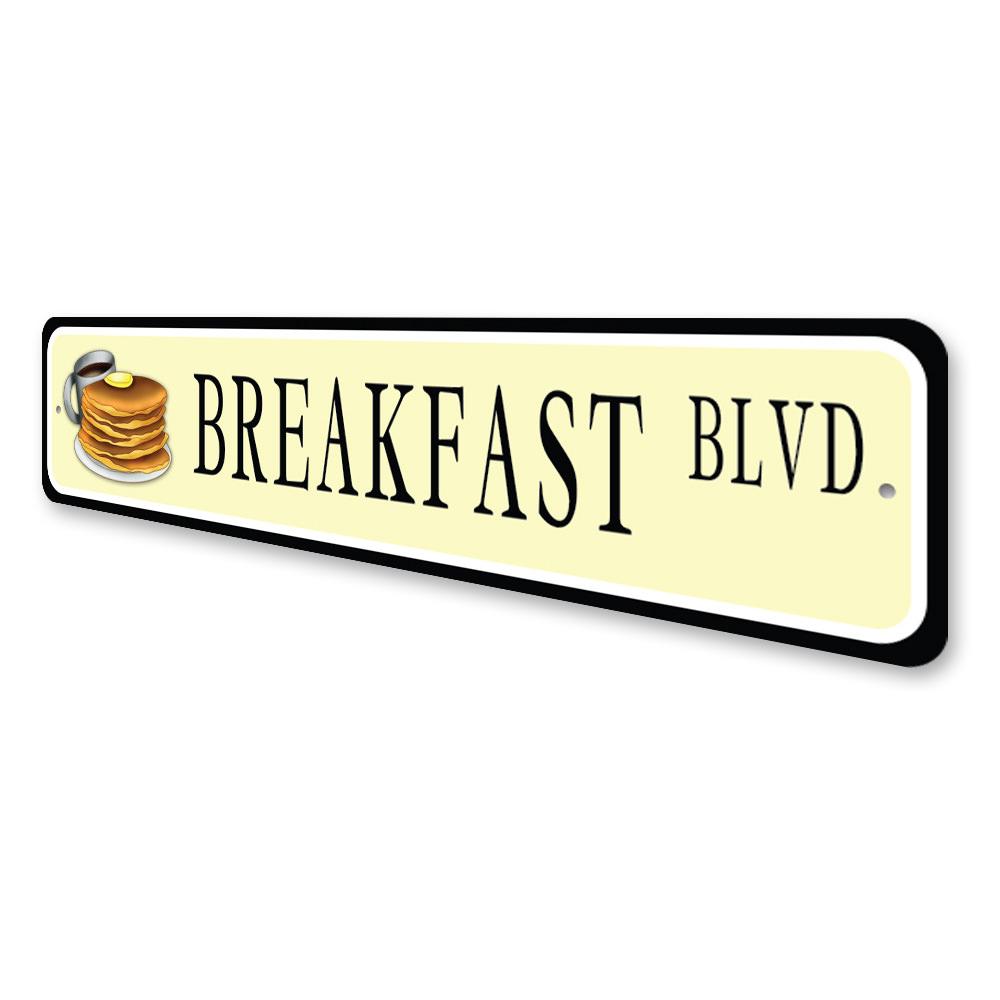 Breakfast Street Sign made of high-quality aluminum, featuring vibrant colors and a customizable design, perfect for home decor.