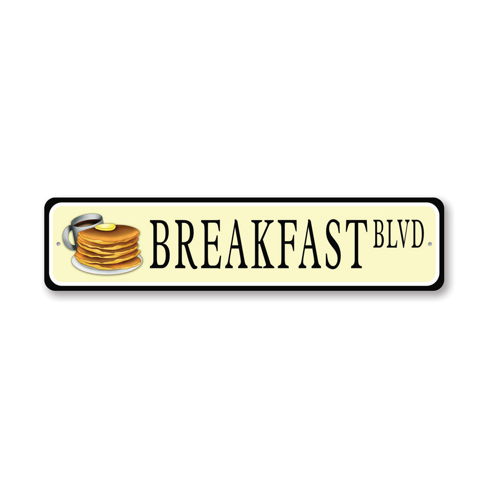 Breakfast Street Sign made of high-quality aluminum, featuring vibrant colors and a customizable design, perfect for home decor.