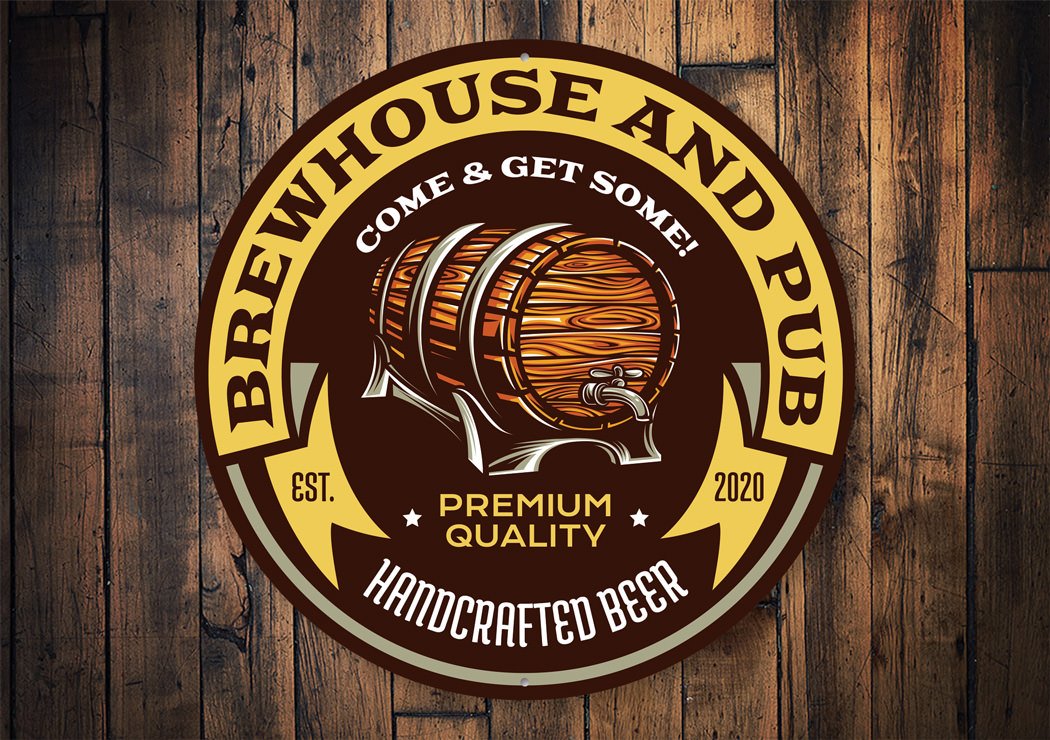 Brew House and Pub Estd. Year Sign made of high-quality aluminum, featuring customizable text and pre-drilled holes for easy mounting.