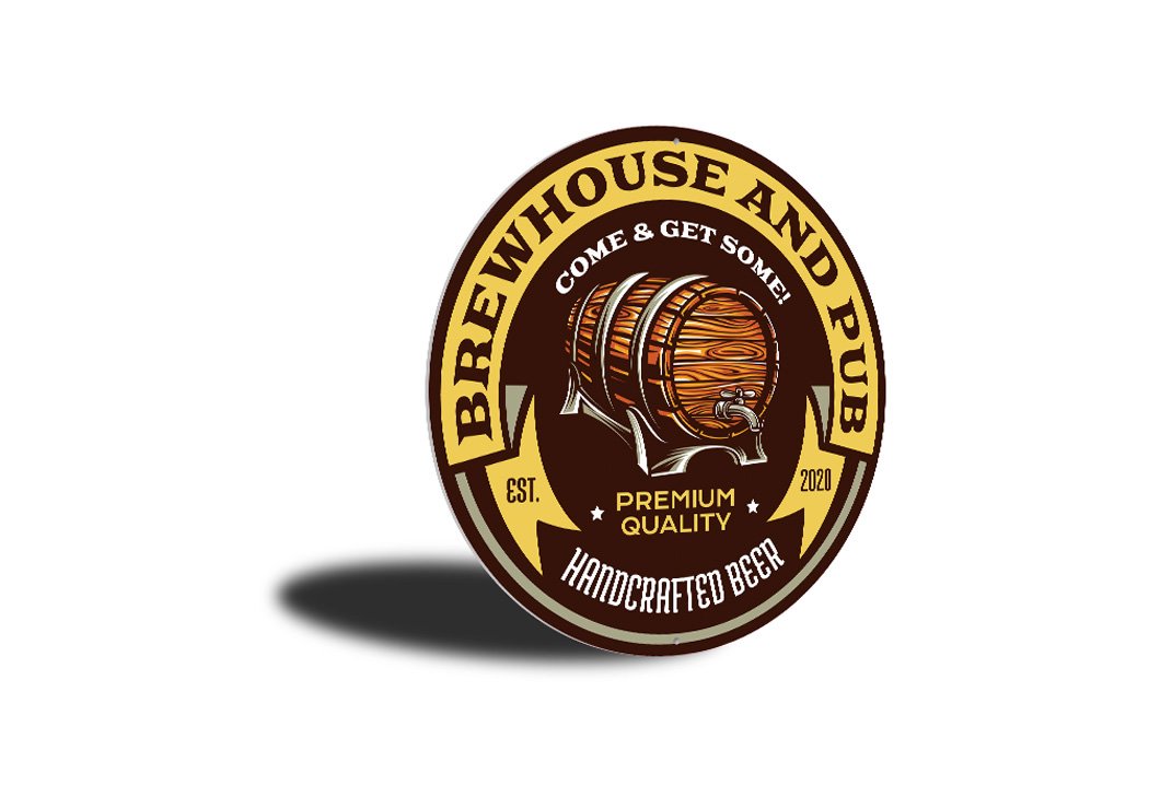 Brew House and Pub Estd. Year Sign made of high-quality aluminum, featuring customizable text and pre-drilled holes for easy mounting.