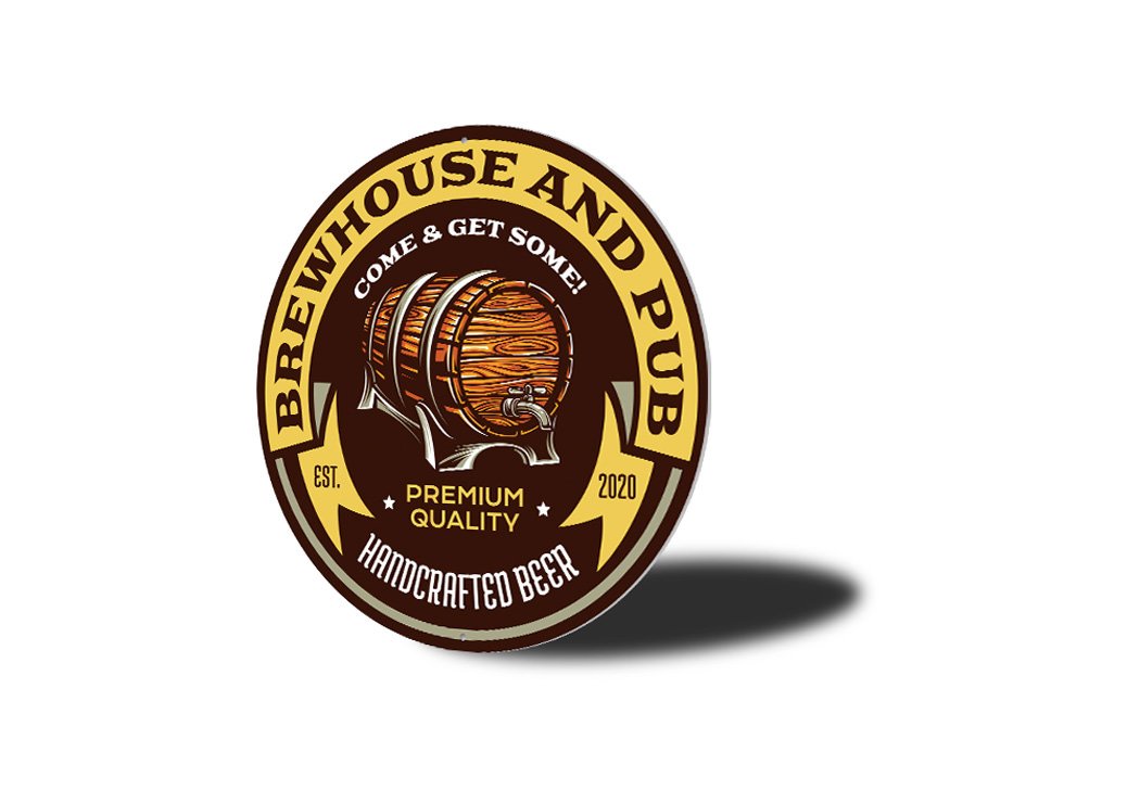 Brew House and Pub Estd. Year Sign made of high-quality aluminum, featuring customizable text and pre-drilled holes for easy mounting.