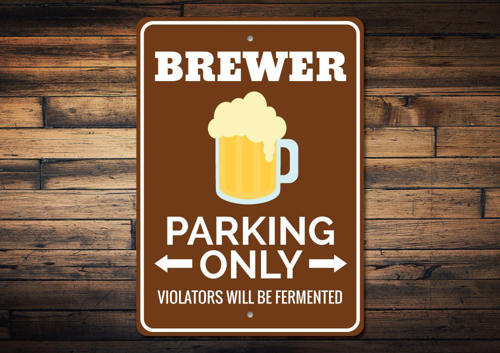 Brewer Parking Sign made of durable aluminum, featuring customizable text and pre-drilled holes for easy mounting.