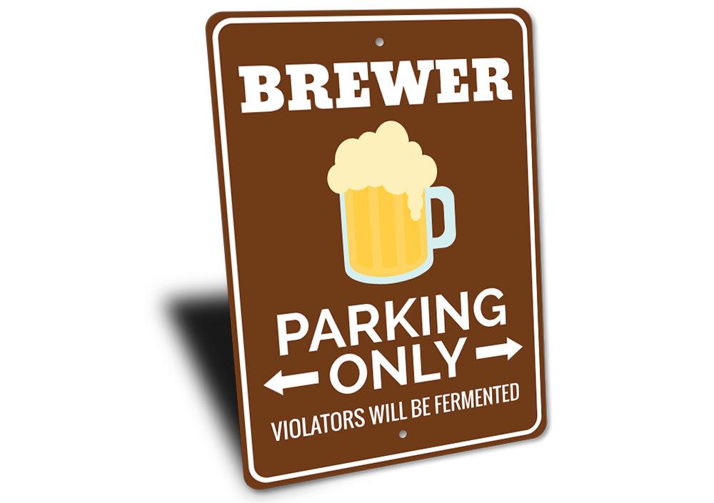 Brewer Parking Sign made of durable aluminum, featuring customizable text and pre-drilled holes for easy mounting.