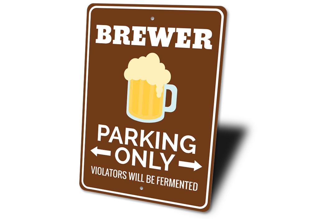 Brewer Parking Sign made of durable aluminum, featuring customizable text and pre-drilled holes for easy mounting.