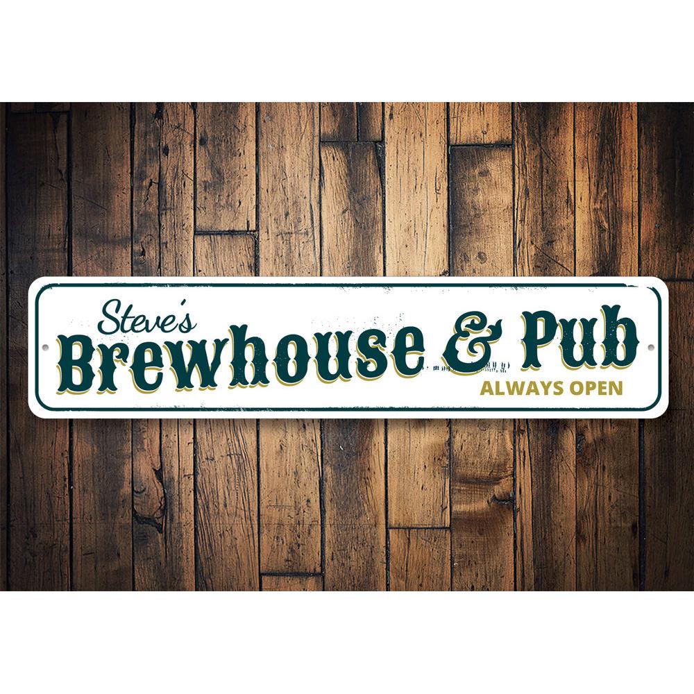 Customizable Brewhouse & Pub Sign made of durable aluminum, featuring pre-drilled holes for easy mounting.