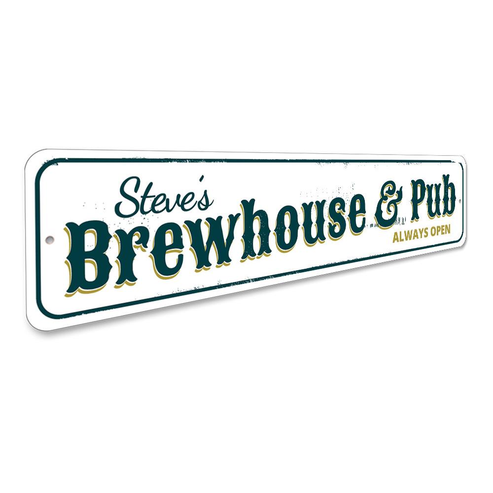 Customizable Brewhouse & Pub Sign made of durable aluminum, featuring pre-drilled holes for easy mounting.