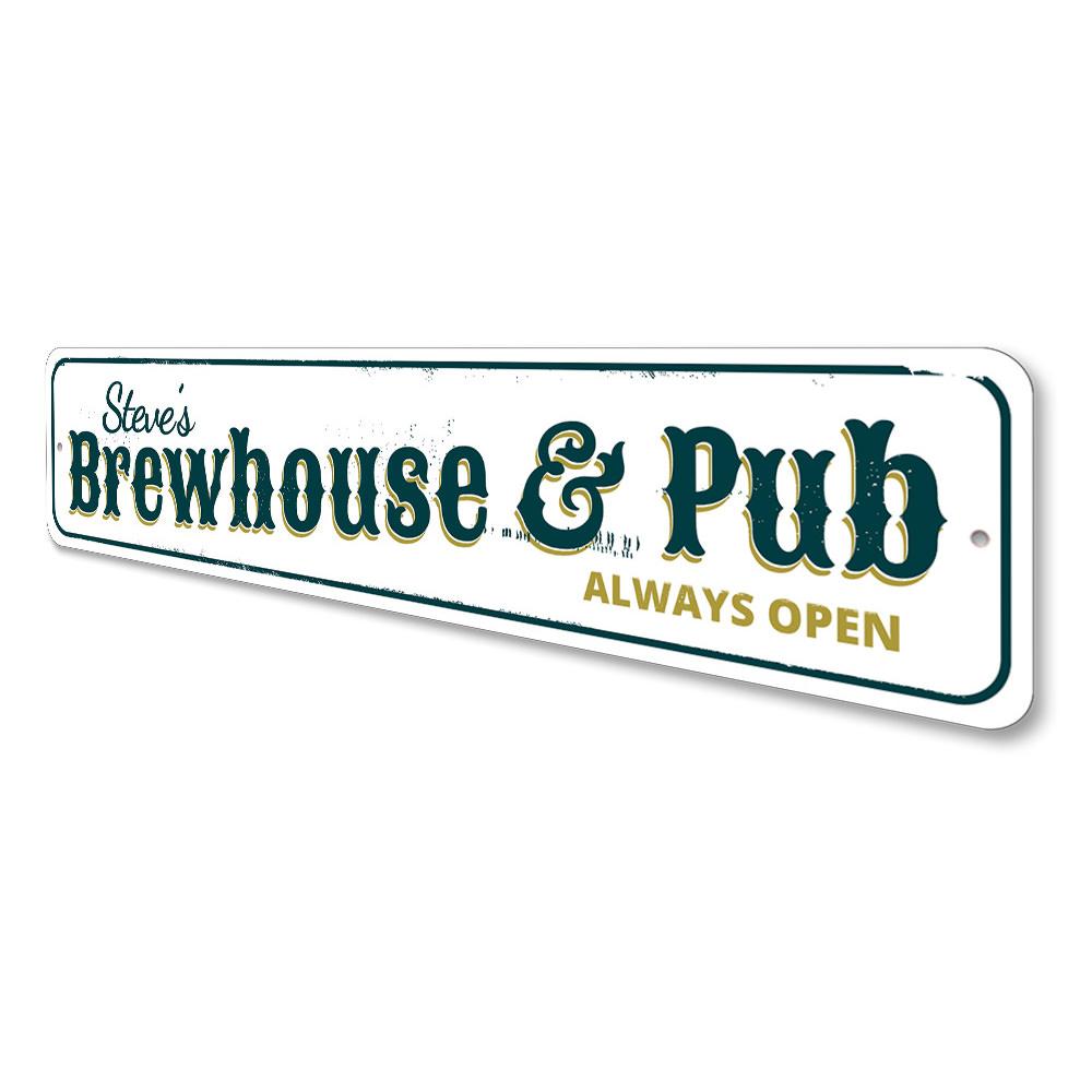 Customizable Brewhouse & Pub Sign made of durable aluminum, featuring pre-drilled holes for easy mounting.