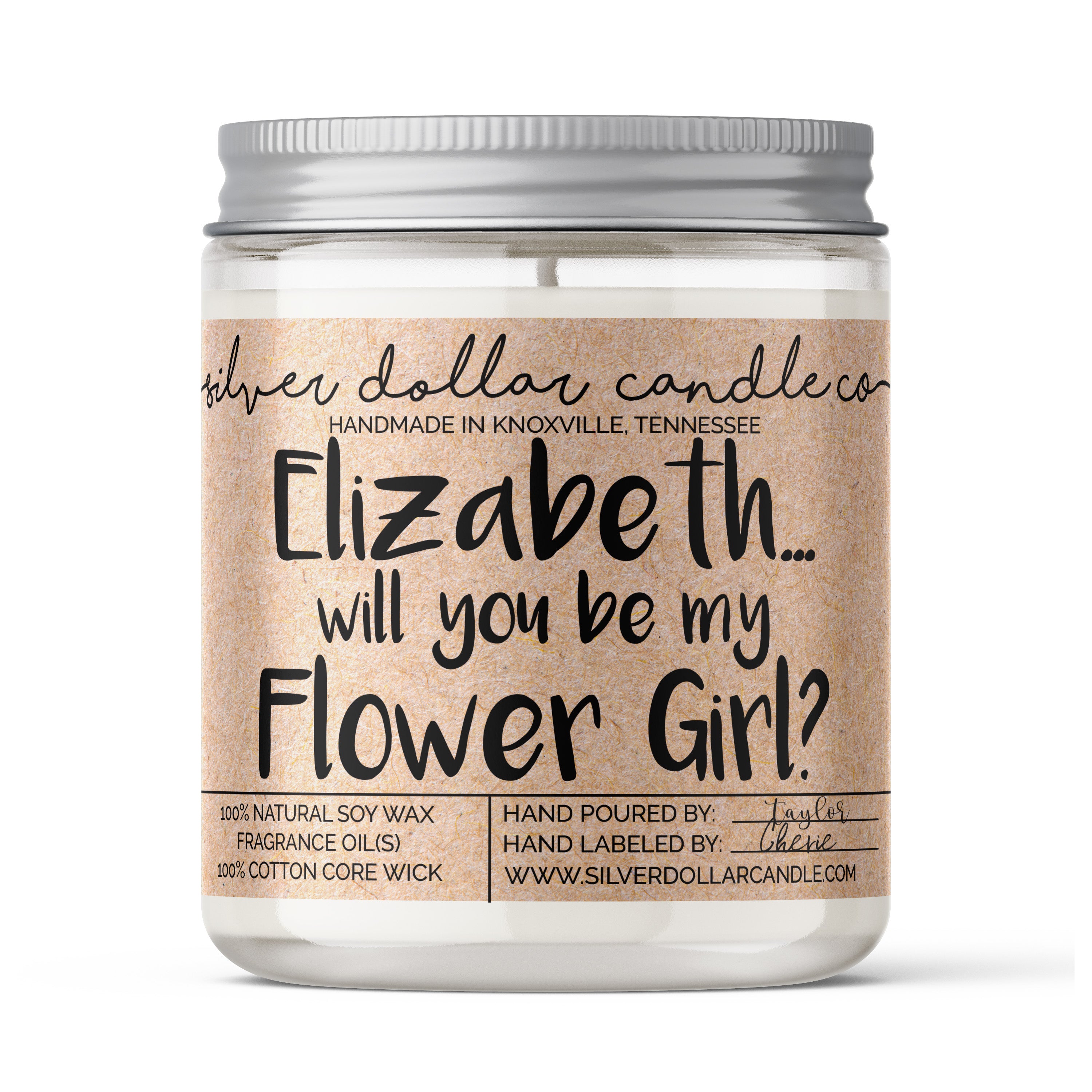 Personalized soy candle for bridal party proposals, featuring custom names and eco-friendly design.