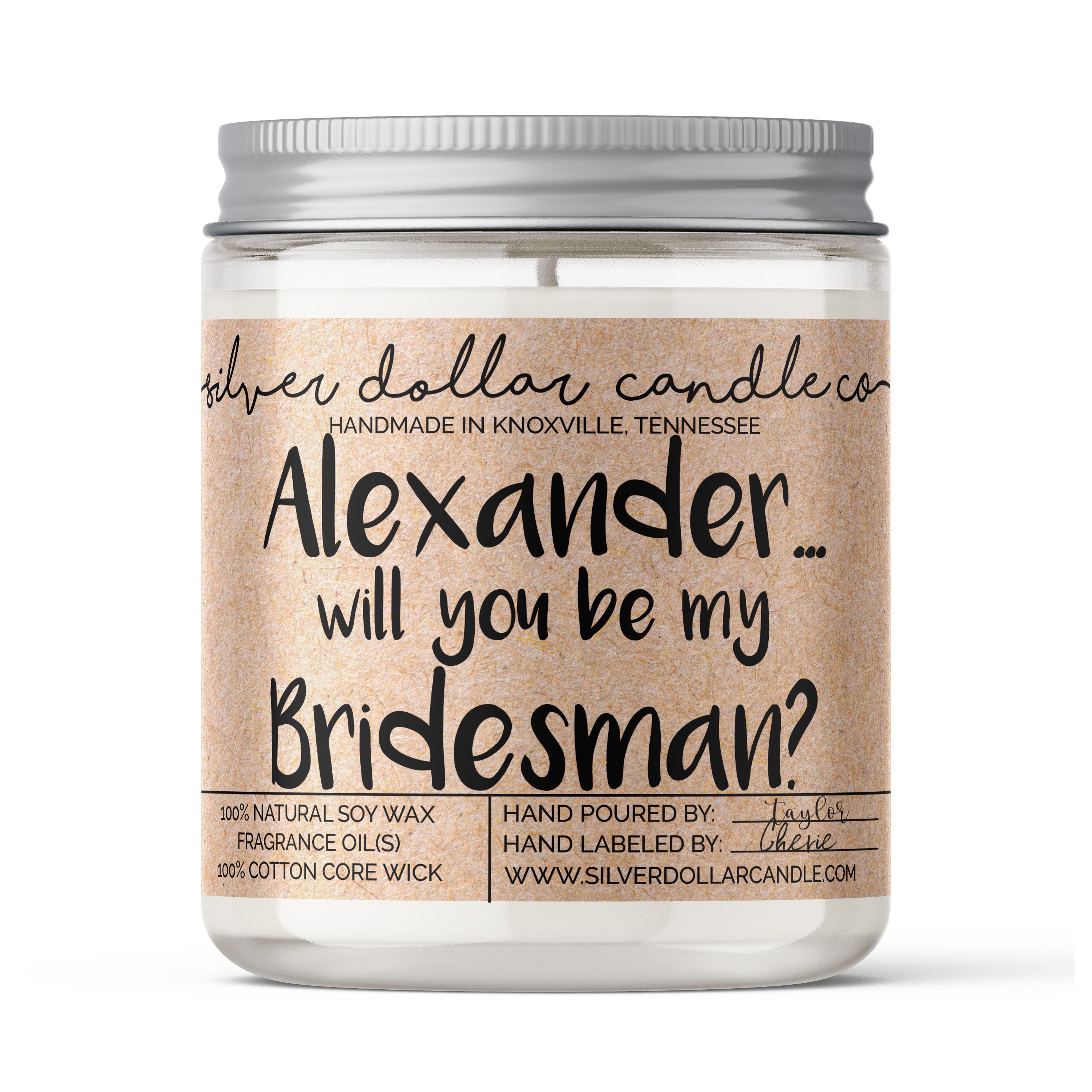 Personalized soy candle for bridal party proposals, featuring custom names and eco-friendly design.