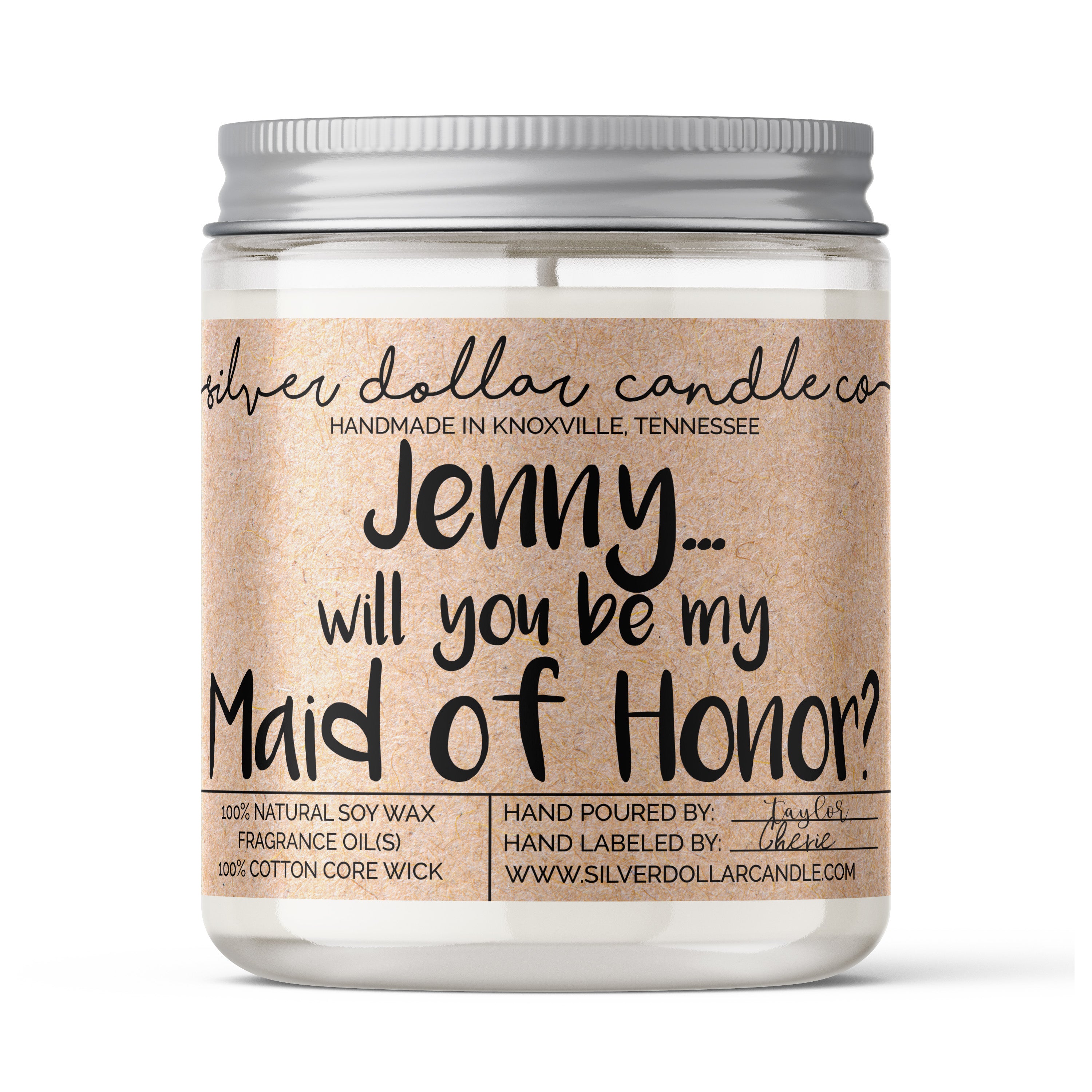 Personalized soy candle for bridal party proposals, featuring custom names and eco-friendly design.